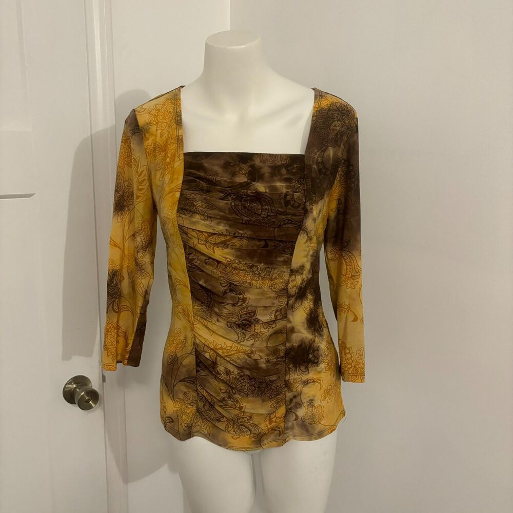 Cato size Medium Y2K Paisley Boho Brown Tie Dye Cinch Bias Cut Long Sleeve Top